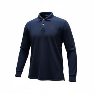 Polo Ralph Lauren Mens Long Sleeve Navy Blue Cotton Polo Shirt Large L Vtg 90s